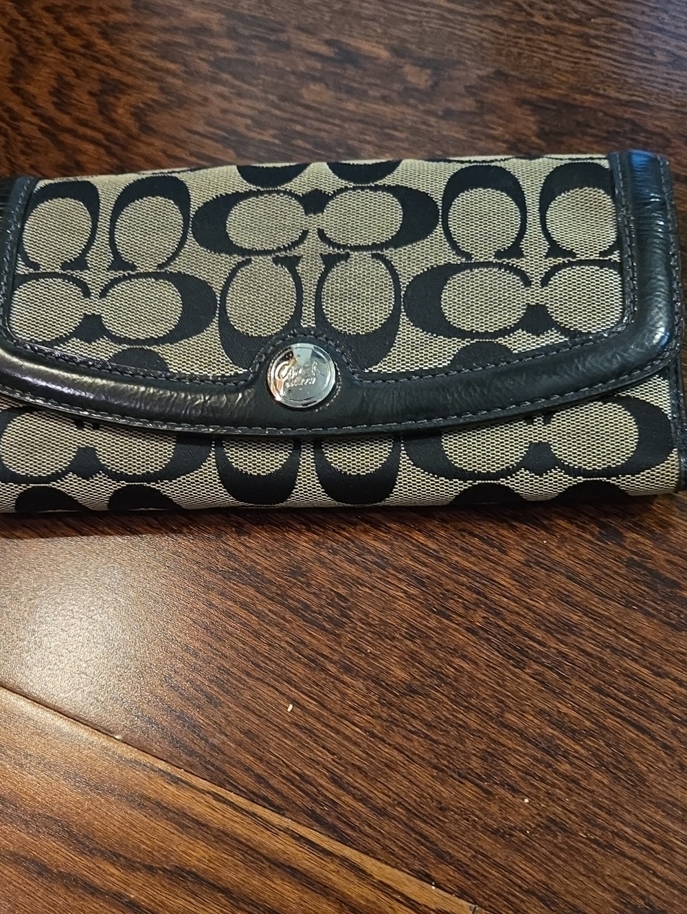 Coach Khaki Signature Canvas Wallet with Black Trim